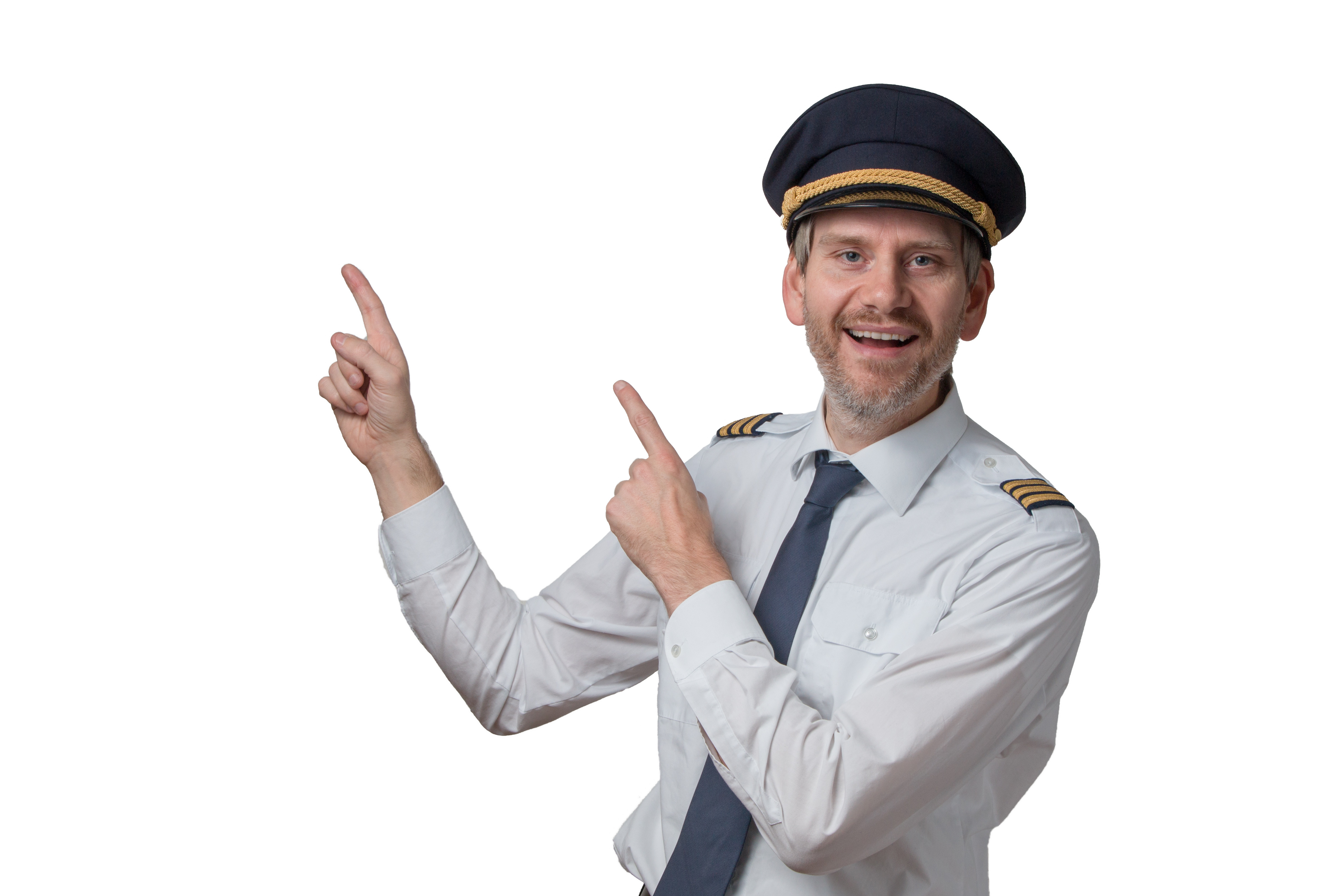 Pilot in Uniform mit goldenen Streifen deutet in die Luft