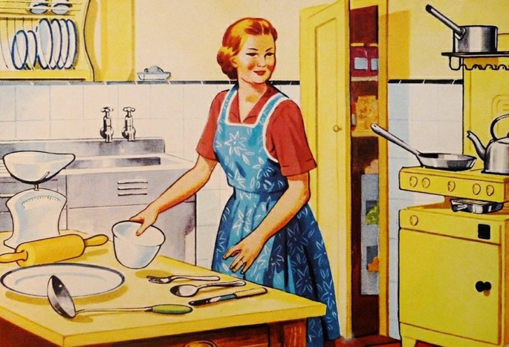 Ein Retro-Bild, das eine Mutter mit Schürze in einer Küche zeigt.