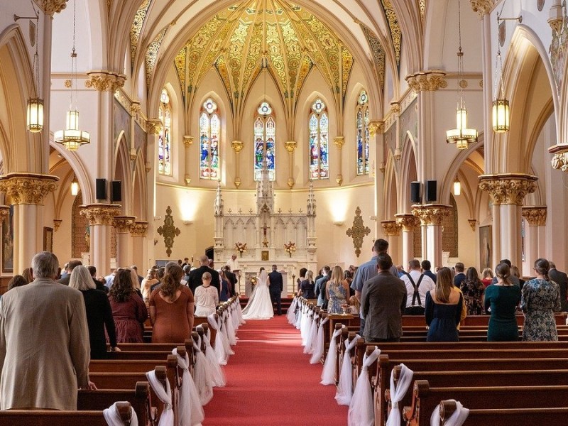 Ein Hochzeitspaar steht in einer Kirche vor dem Altar.