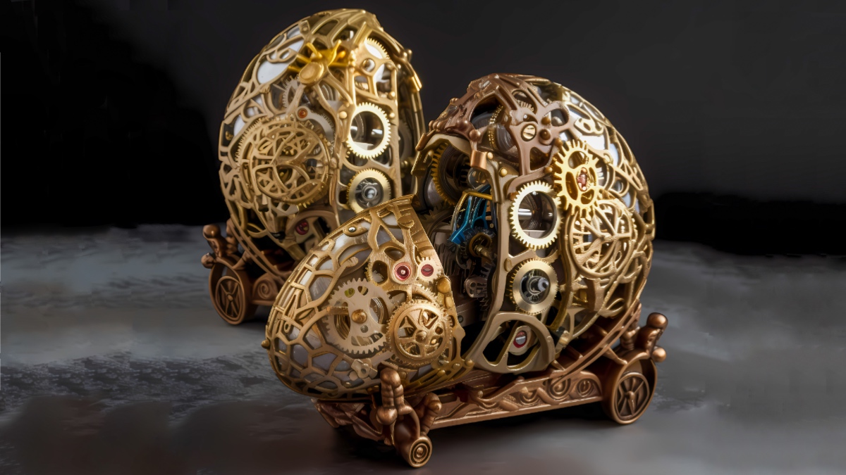 Mechanisches Ei auf Rädern in Metall - KI generiert.