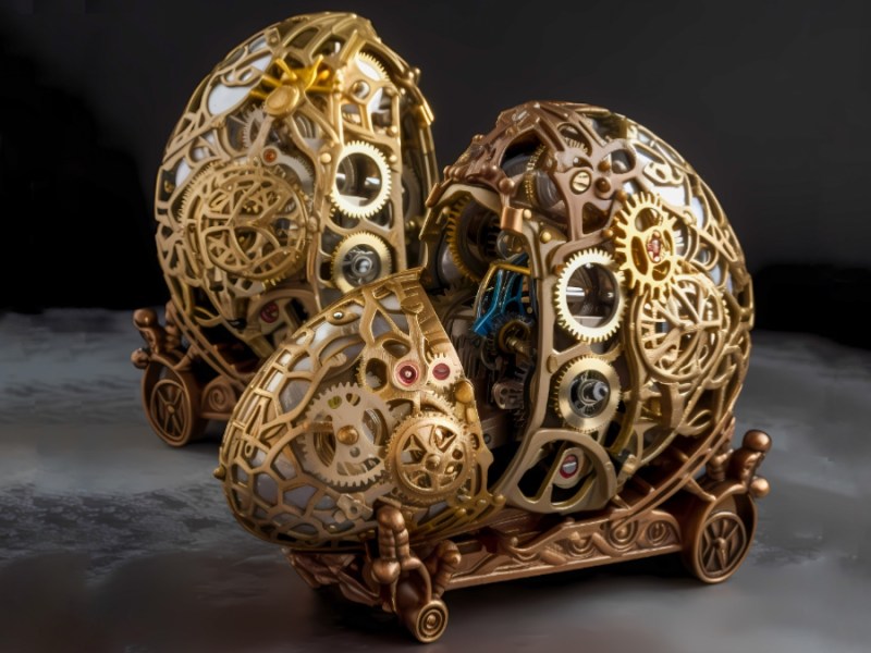 Mechanisches Ei auf Rädern in Metall - KI generiert.