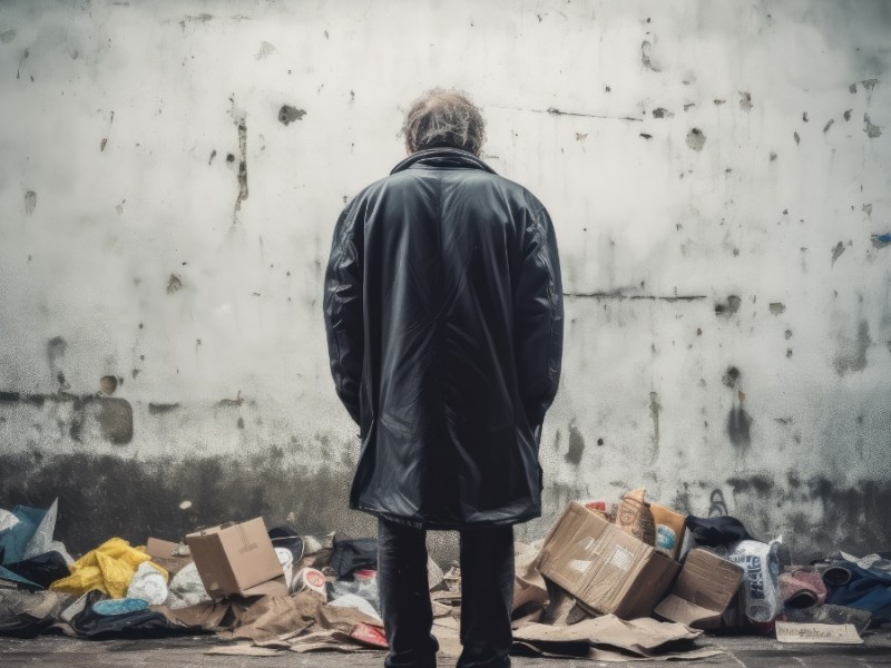 Ein obdachloser Mann steht vor einem Haufen Müll.