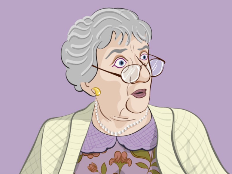 Eine Zeichnung von einer Großmutter vor violettem Hintergrund.