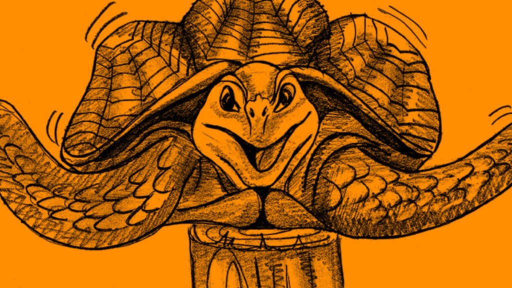 Eine Zeichnung von einer Schildkröte, die auf einem Pfosten liegt.