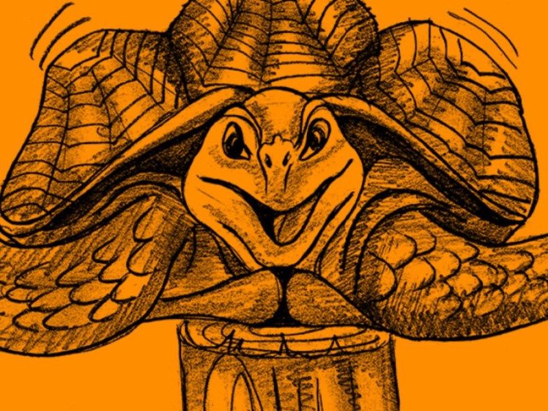 Eine Zeichnung von einer Schildkröte, die auf einem Pfosten liegt.