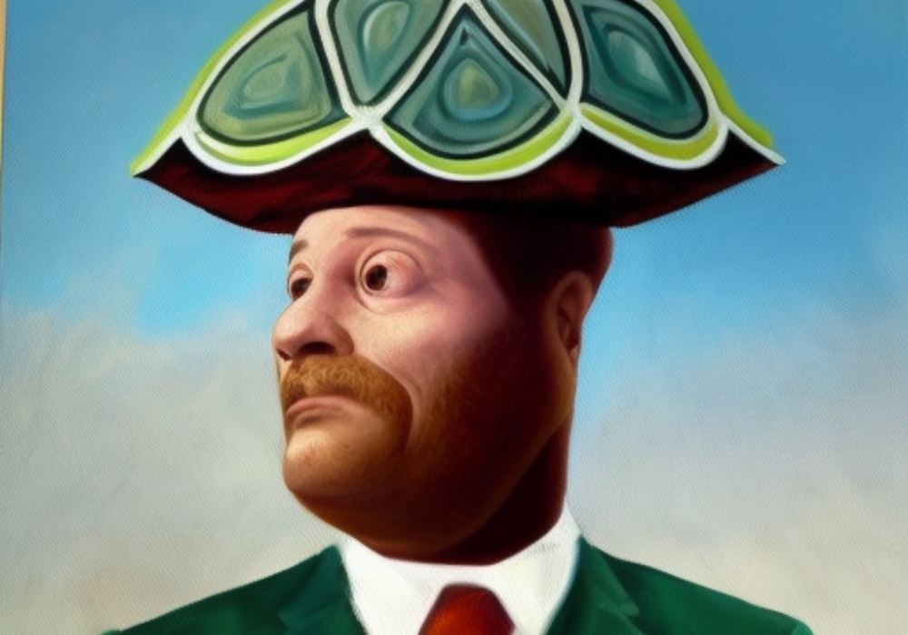 Ein Gemälde von einem Mann im Anzug mit einer Schildkröte auf dem Kopf.