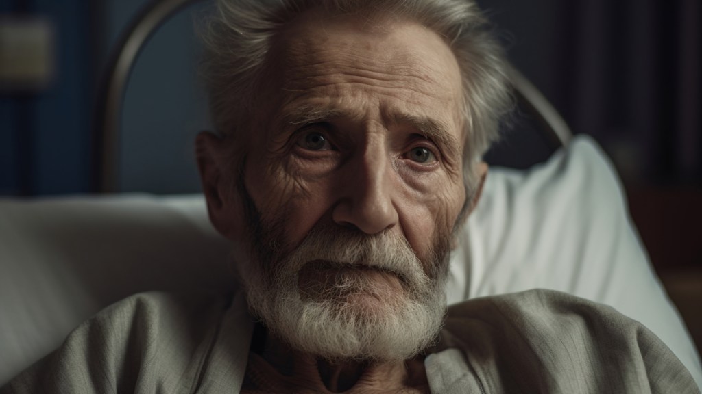 Ein alter Mann liegt in einem Krankenhaus-Bett.