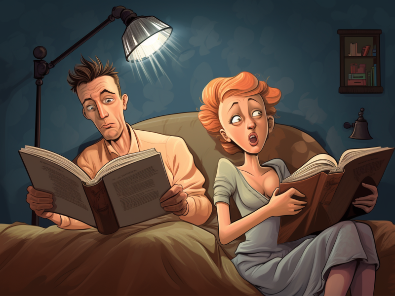 Eine Comic-Illustration von einem Ehepaar, das im Bett liegt und liest.