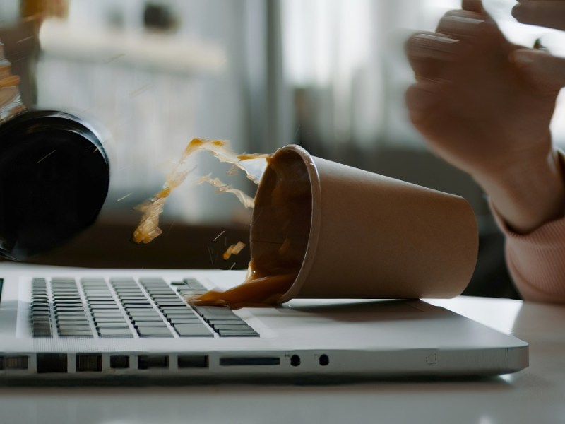 Eine Tasse Kaffee fällt auf einen Laptop.