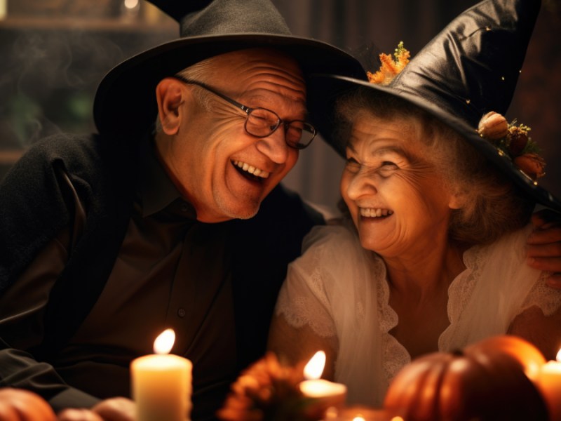 Ein älteres Ehepaar in Halloween-Kostümen lacht.