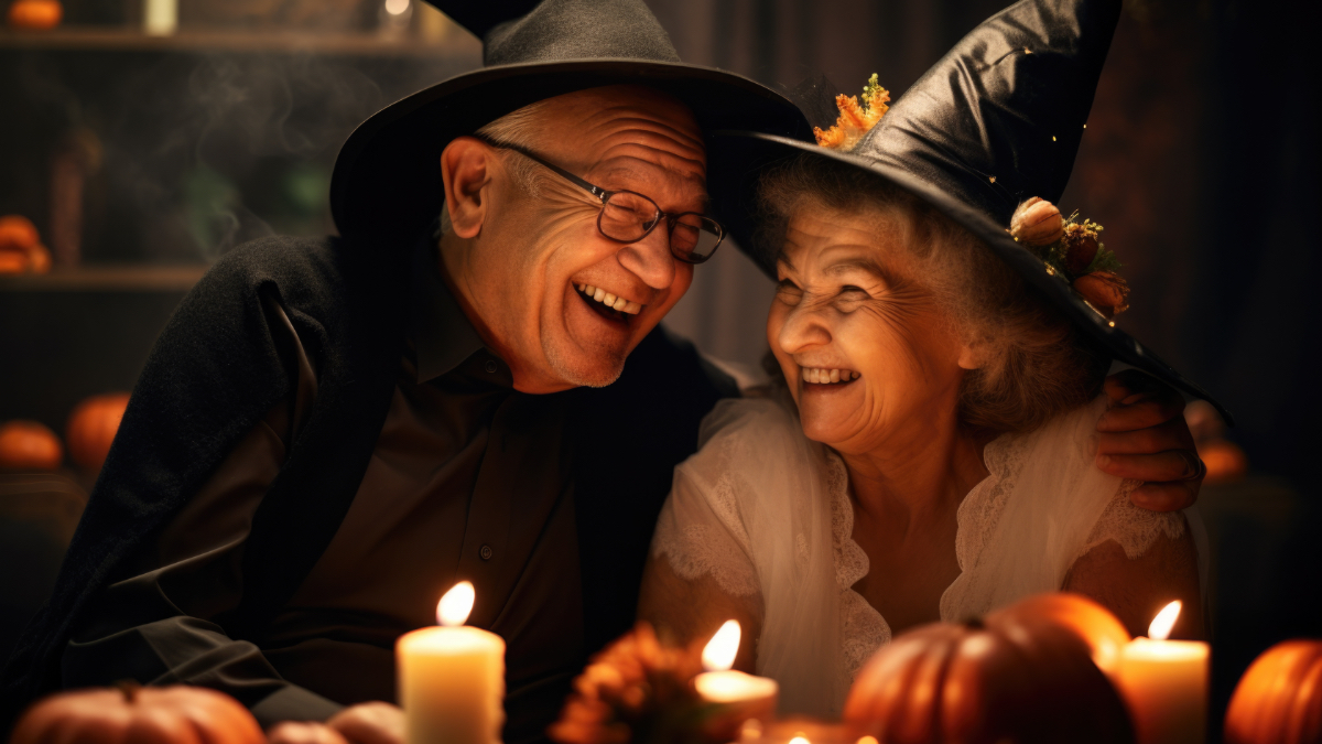 Ein älteres Ehepaar in Halloween-Kostümen lacht.