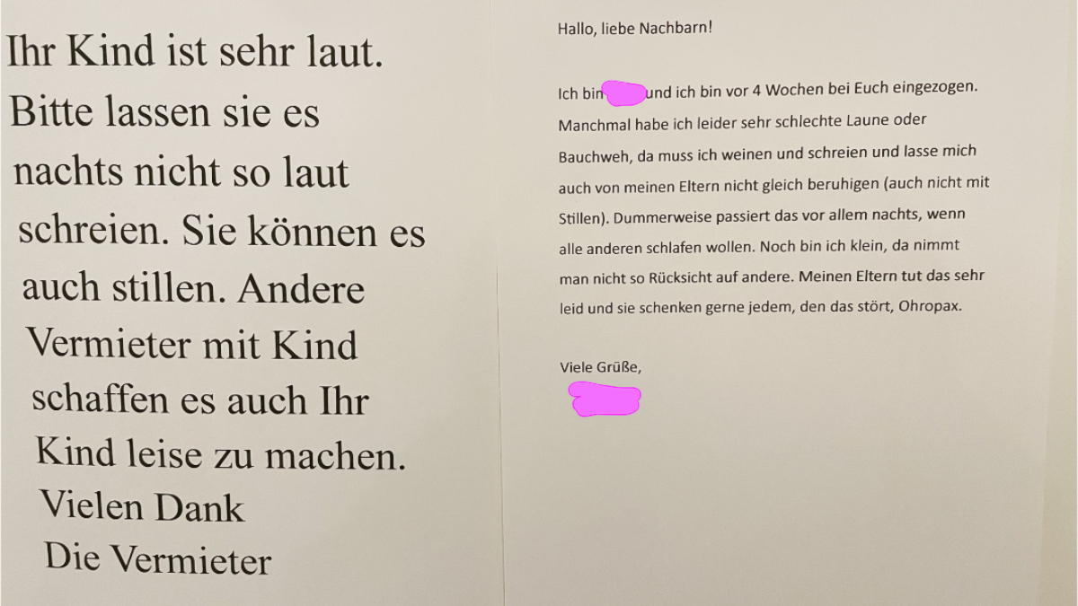 Ein Beschwerde-Brief eines Vermieters in einem Treppenhaus.