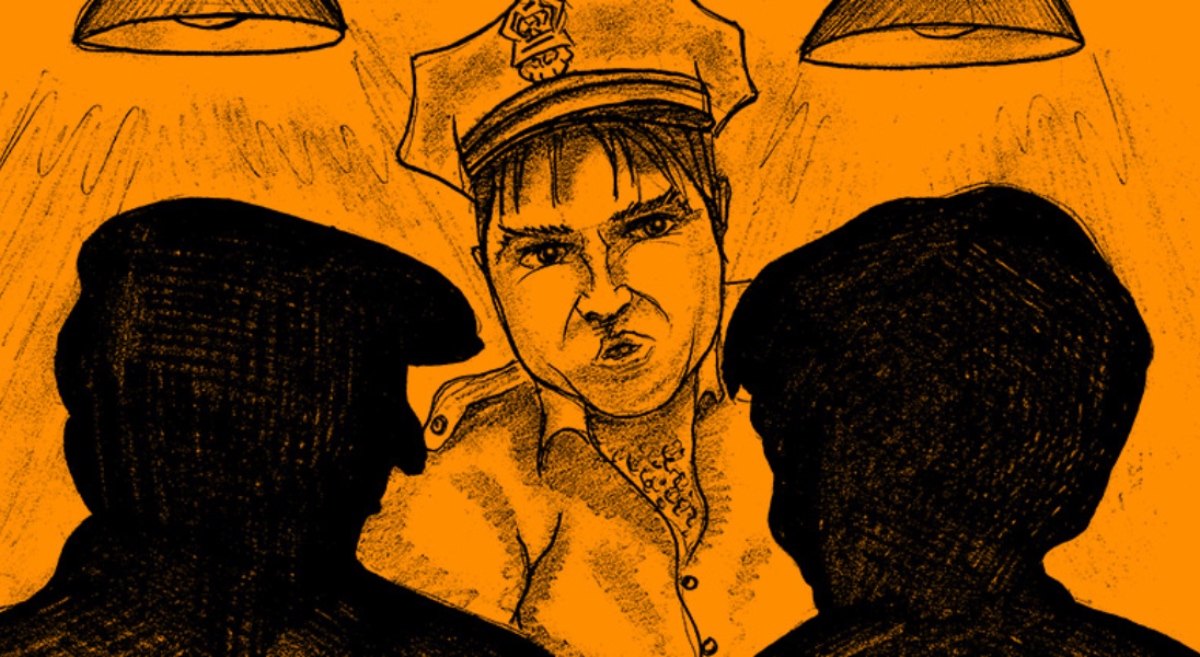 Eine Zeichnung von einem Polizisten, der ein altes Ehepaar verhört.