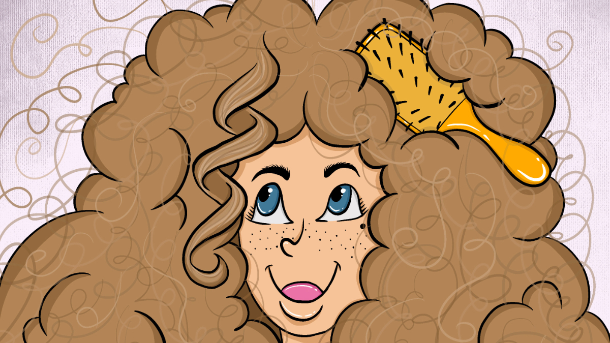 Ein Comic-Bild einer Frau mit langen Haaren, in denen eine Bürste steckt.