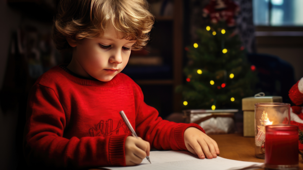 Ein Junge schreibt einen Brief an den Weihnachtsmann.
