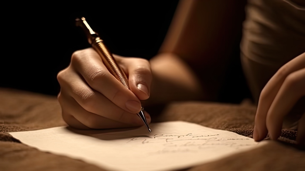 Eine junge Frau schreibt einen Brief. Bild mit KI erstellt.