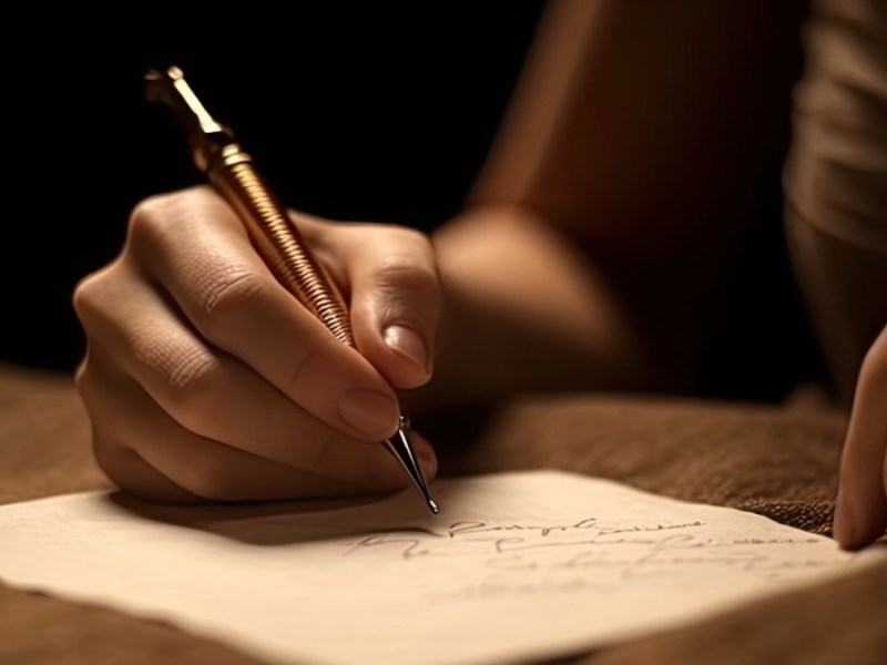 Eine junge Frau schreibt einen Brief. Bild mit KI erstellt.