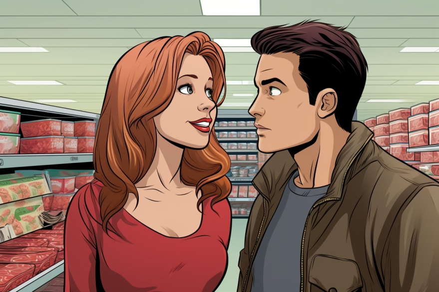 Illustration eines Mannes und einer Frau, die sich im Supermarkt unterhalten.