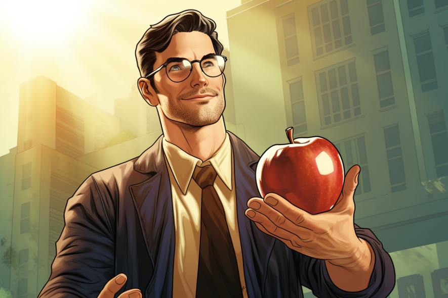 Ein Mann im Anzug hält einen Apfel.