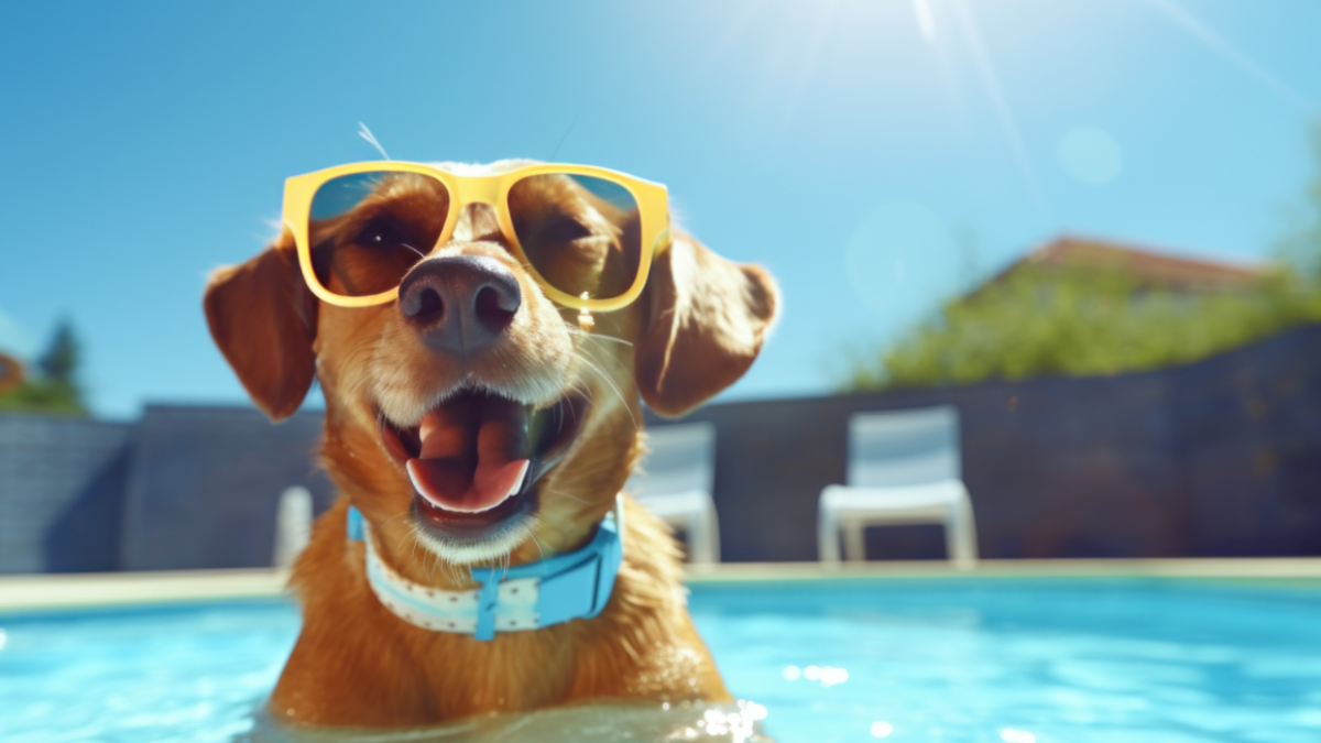 Ein glücklicher Hund schwimmt in einem Pool mit einer Sonnenbrille auf der Nase.