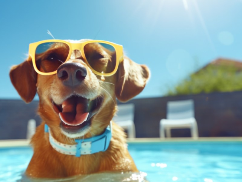 Ein glücklicher Hund schwimmt in einem Pool mit einer Sonnenbrille auf der Nase.