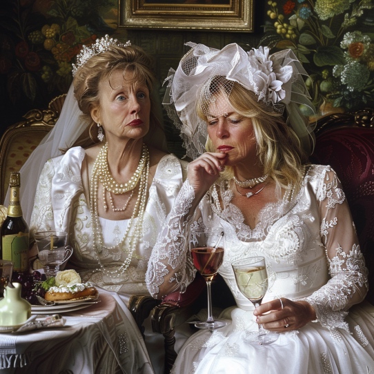 Zwei ältere, Alkohol trinkende Frauen in Hochzeitskleidung.