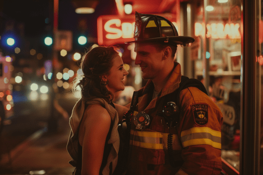 Ein Feuerwehrmann und eine Frau sind sich nah.