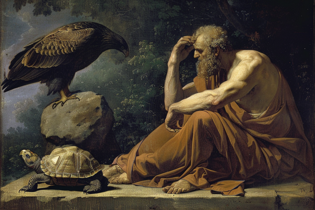 Darstellung eines Adlers, einer Schildkröte und eines griechischen Philosophen.