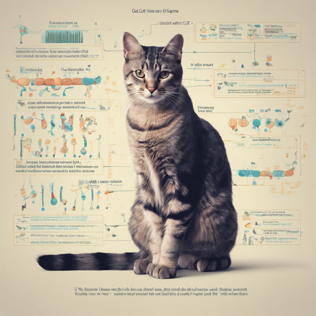 Eine Katze vor einem Hintergrund, auf dem DNS-Zeichnungen zu sehen sind. KI-erstellt.